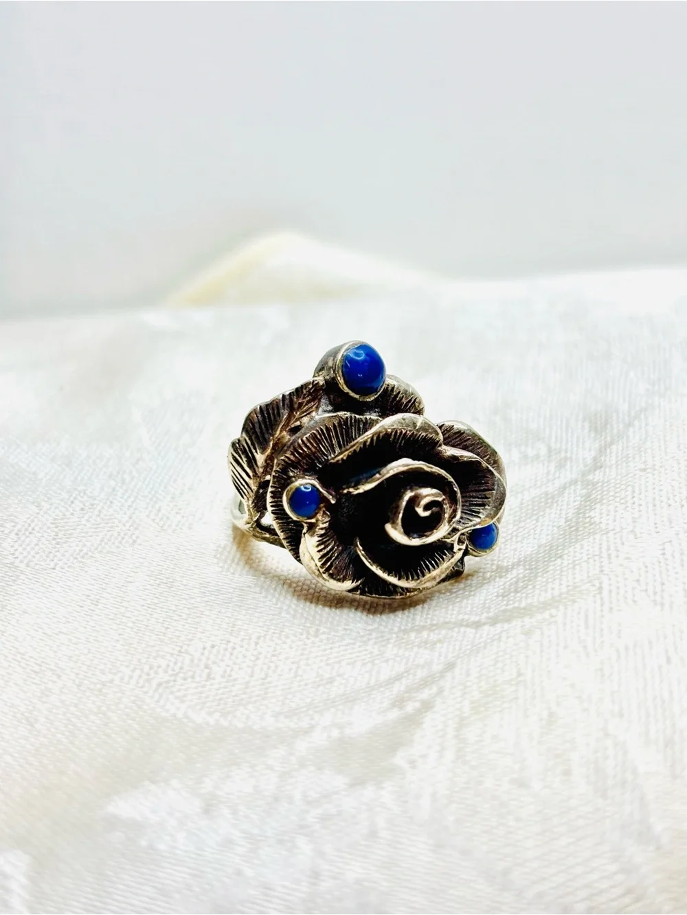 Vintage Sterling Silver Lapis Lazuli Rose Ring Size 5.5